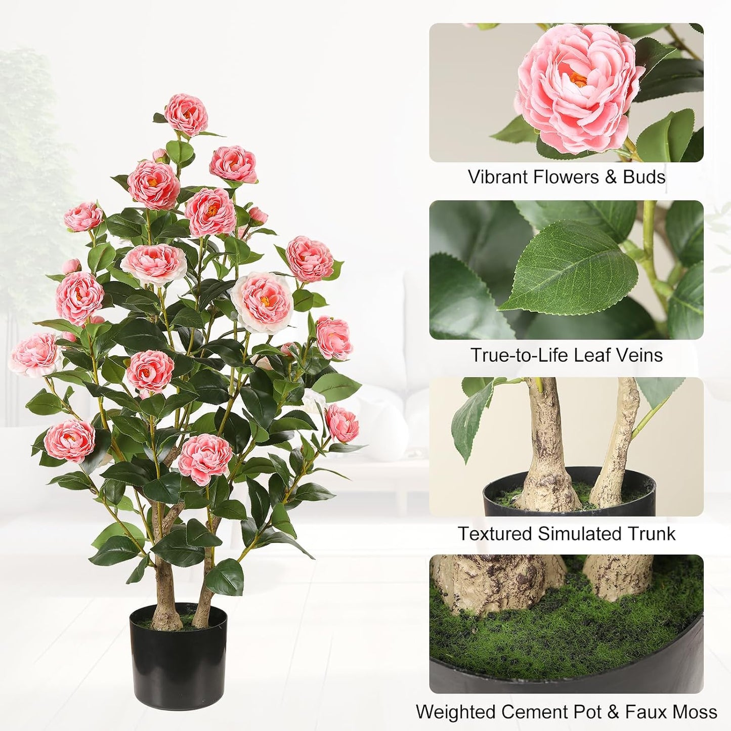 Artificial Camellia Tree 2 Pack, 3FT Faux Camellia Plant with Orange Flowers Lifelike, Faux Greenery for Living Room, Patio, or Wedding