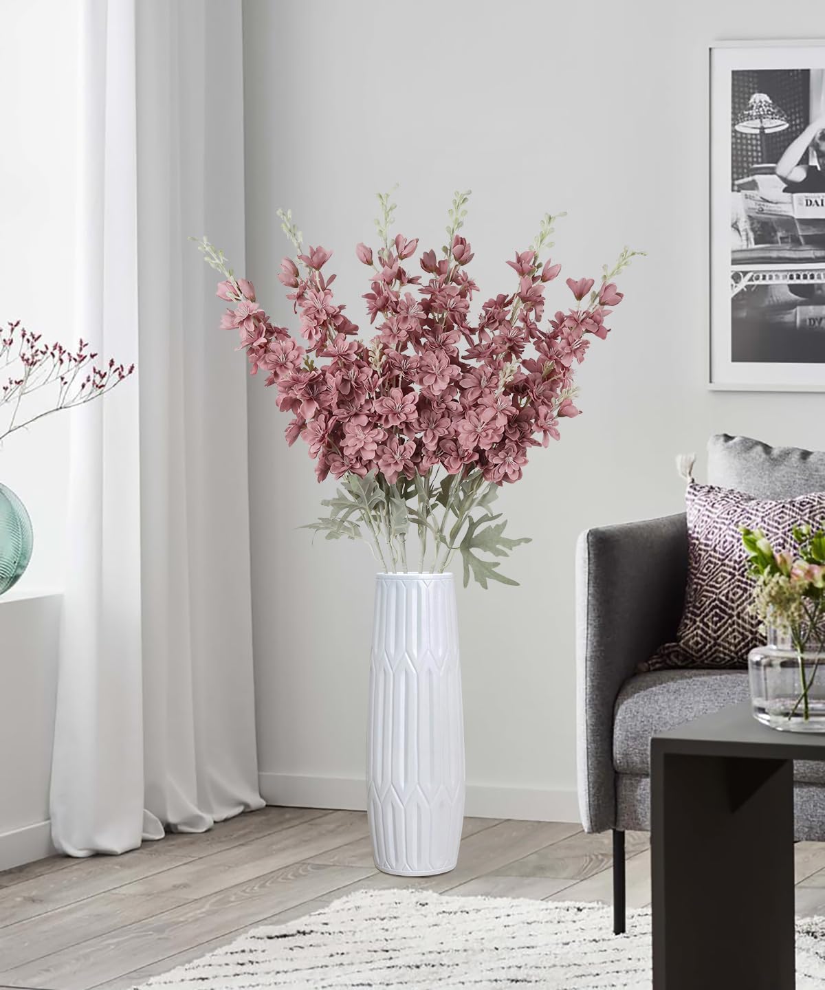 6 pcs White Delphinium Artificial Flowers Larkspur Artificial Flowers, 33.5 in Fake Flowers Bulk Silk Flowers with Stems Real Look for Home Garden Wedding Arrangement Decor(White)