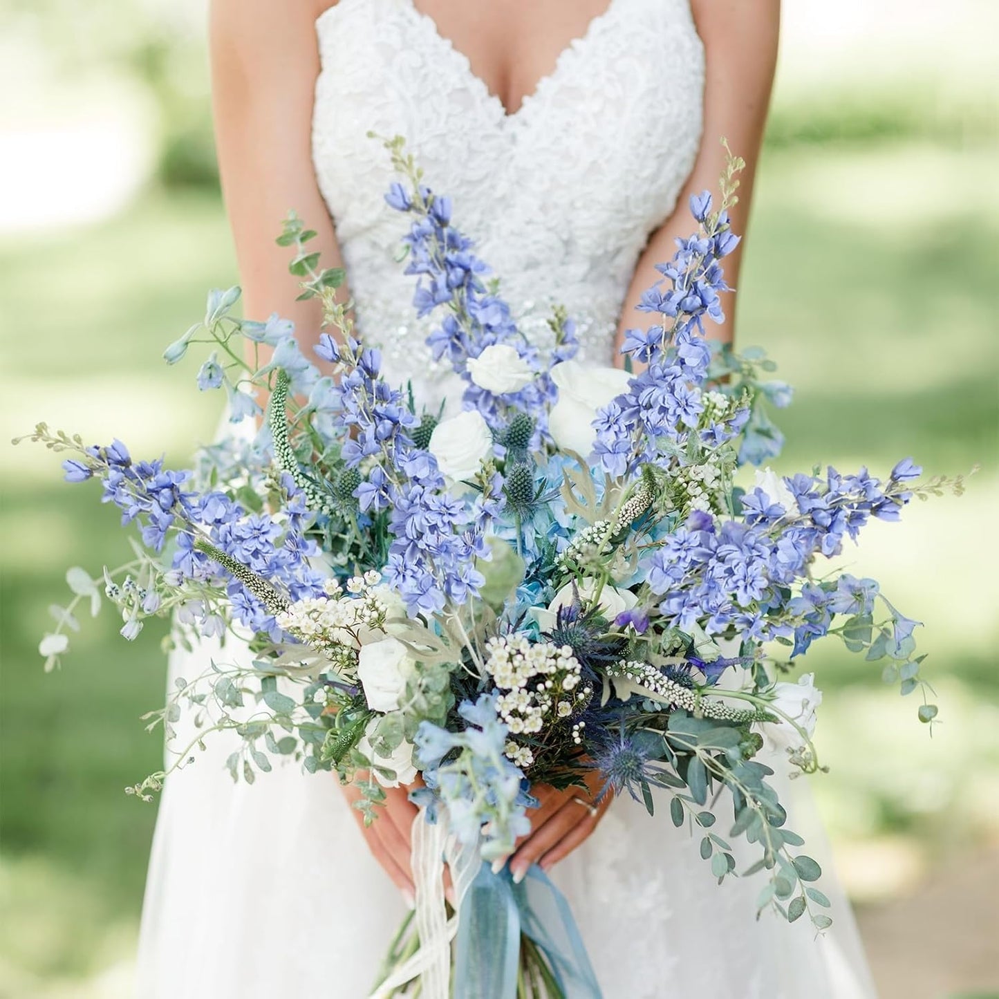 6 pcs White Delphinium Artificial Flowers Larkspur Artificial Flowers, 33.5 in Fake Flowers Bulk Silk Flowers with Stems Real Look for Home Garden Wedding Arrangement Decor(White)