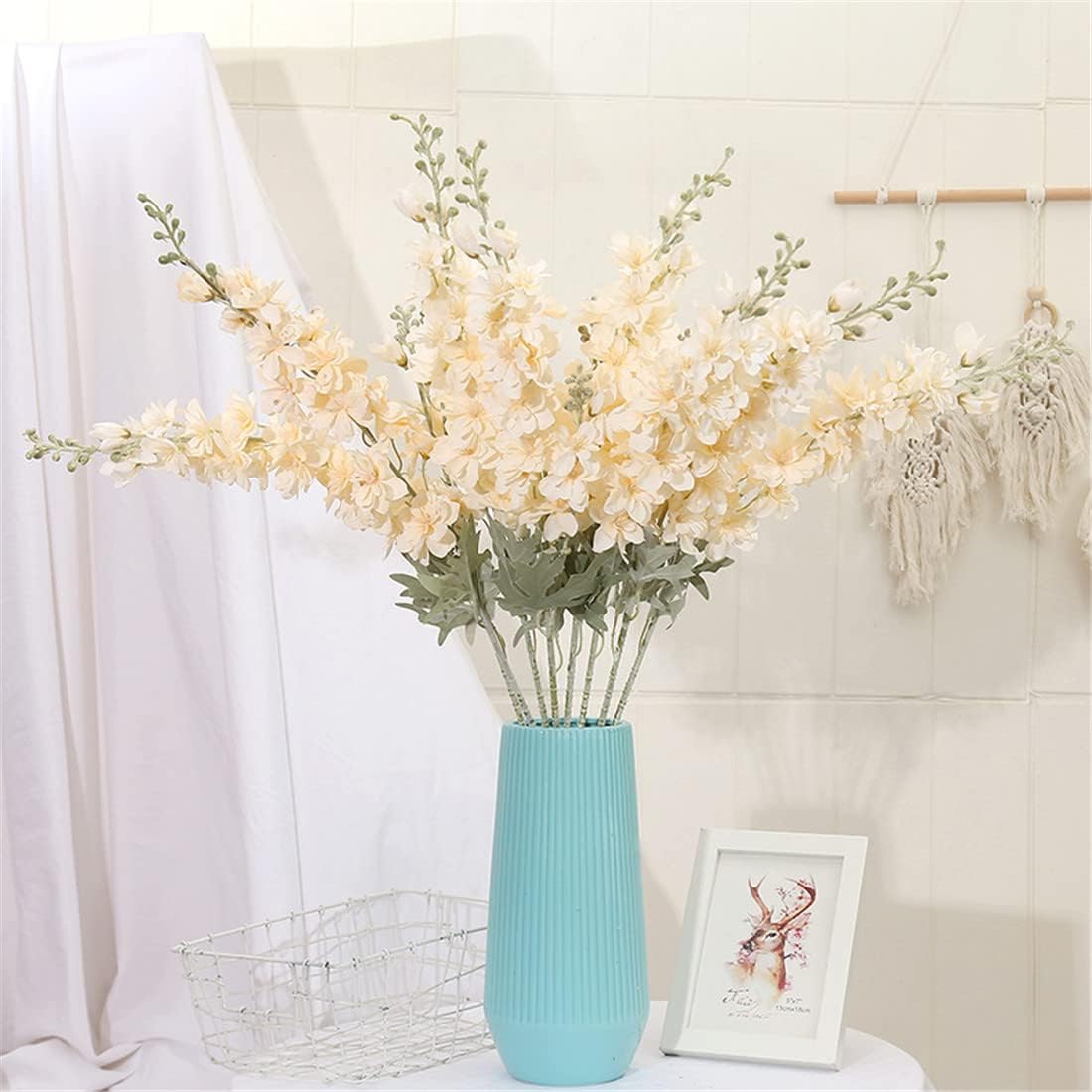 6 pcs White Delphinium Artificial Flowers Larkspur Artificial Flowers, 33.5 in Fake Flowers Bulk Silk Flowers with Stems Real Look for Home Garden Wedding Arrangement Decor(White)