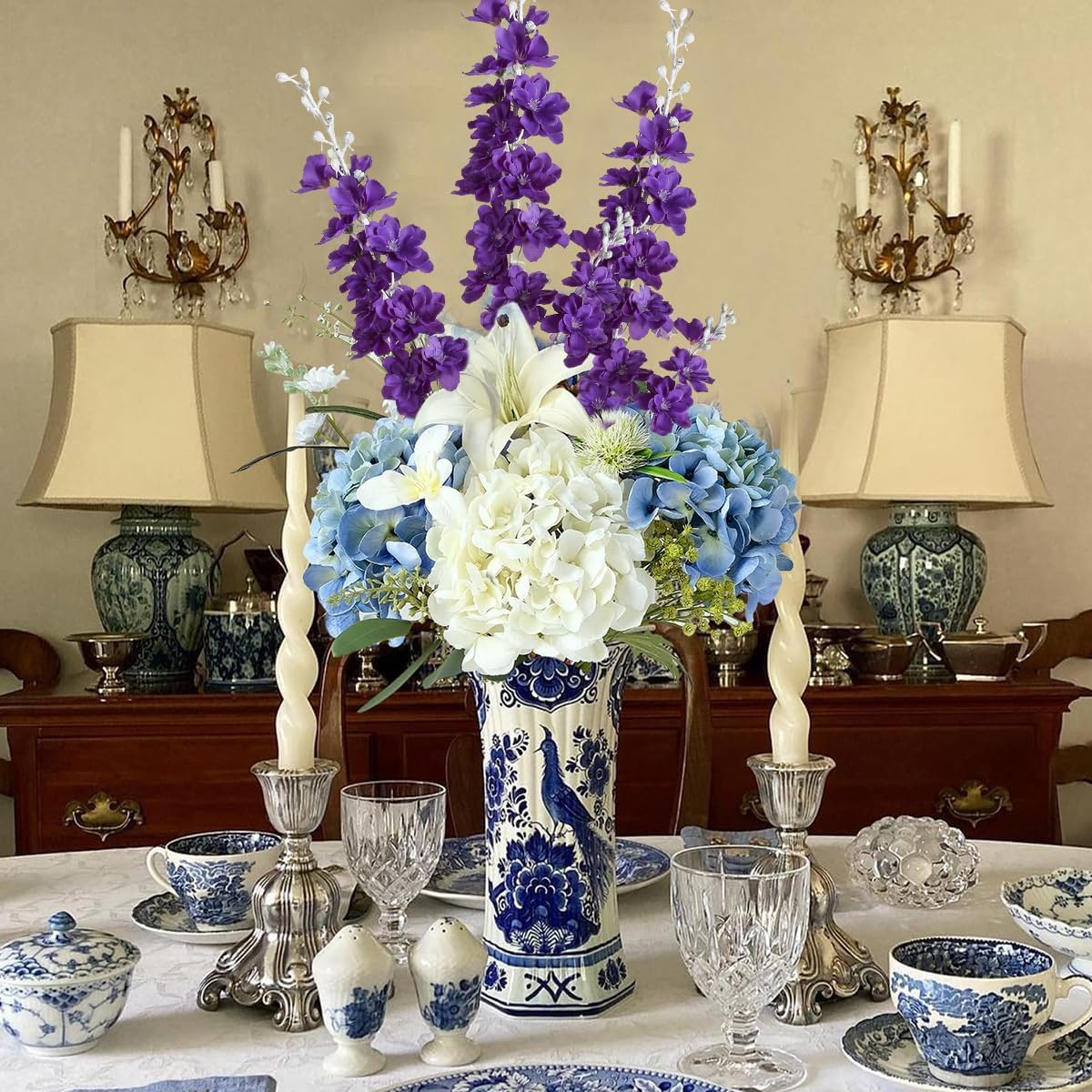 6 pcs White Delphinium Artificial Flowers Larkspur Artificial Flowers, 33.5 in Fake Flowers Bulk Silk Flowers with Stems Real Look for Home Garden Wedding Arrangement Decor(White)