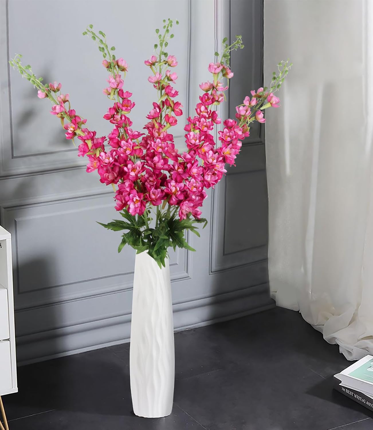 6 pcs White Delphinium Artificial Flowers Larkspur Artificial Flowers, 33.5 in Fake Flowers Bulk Silk Flowers with Stems Real Look for Home Garden Wedding Arrangement Decor(White)