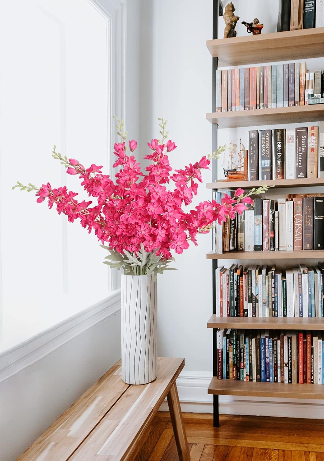 6 pcs White Delphinium Artificial Flowers Larkspur Artificial Flowers, 33.5 in Fake Flowers Bulk Silk Flowers with Stems Real Look for Home Garden Wedding Arrangement Decor(White)