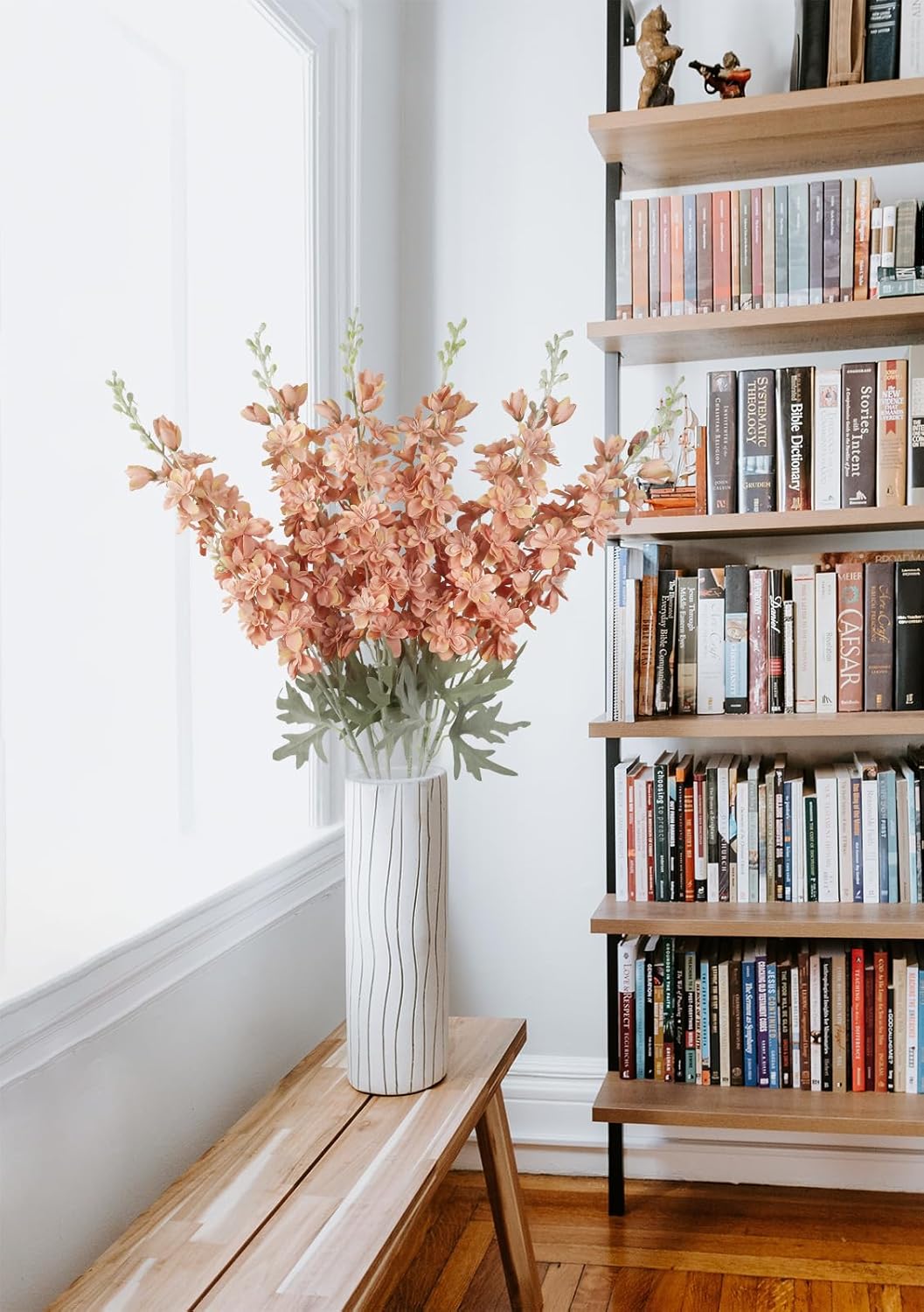 6 pcs White Delphinium Artificial Flowers Larkspur Artificial Flowers, 33.5 in Fake Flowers Bulk Silk Flowers with Stems Real Look for Home Garden Wedding Arrangement Decor(White)