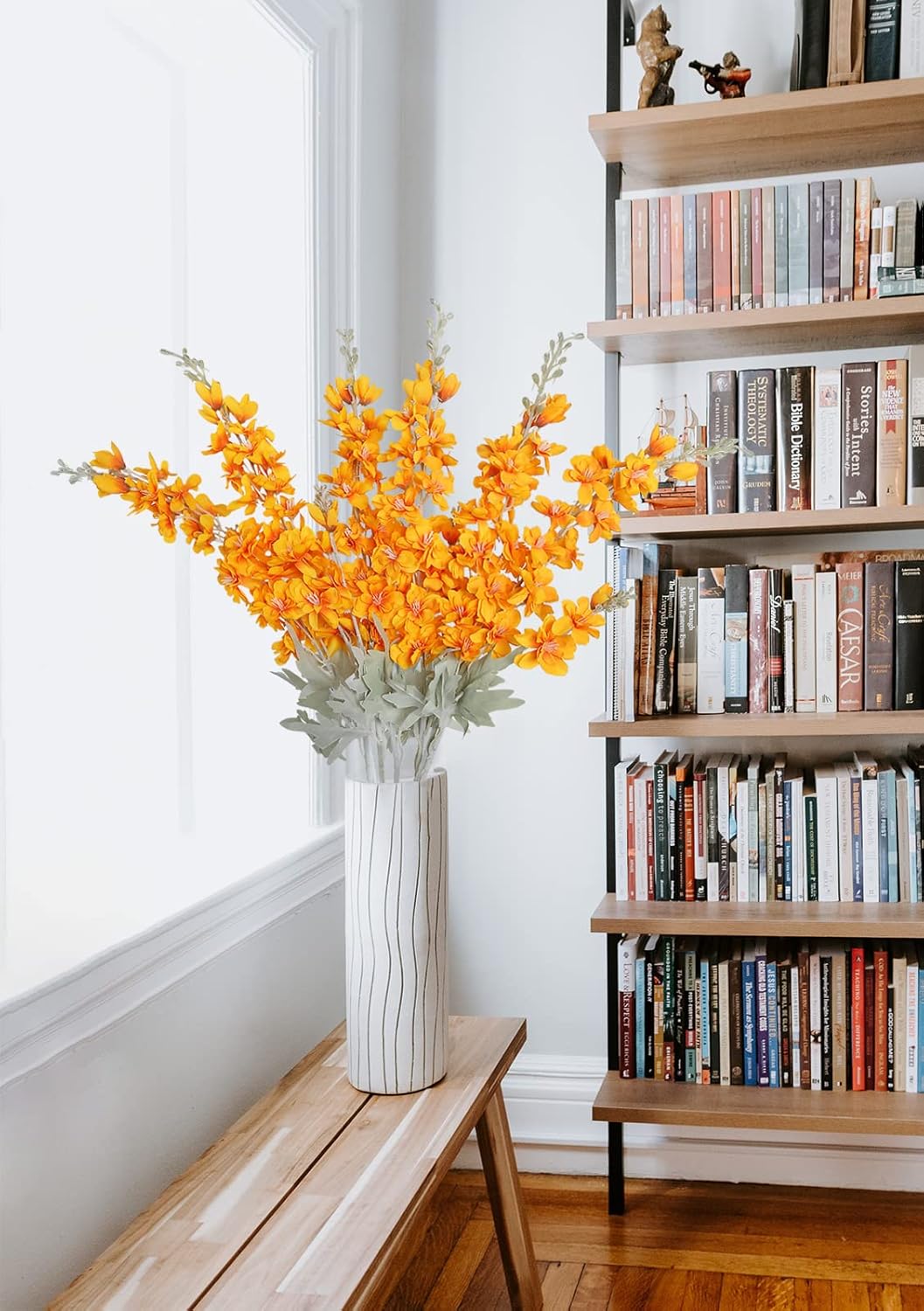 6 pcs White Delphinium Artificial Flowers Larkspur Artificial Flowers, 33.5 in Fake Flowers Bulk Silk Flowers with Stems Real Look for Home Garden Wedding Arrangement Decor(White)