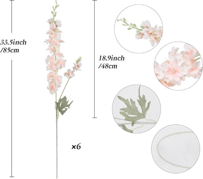 6 pcs White Delphinium Artificial Flowers Larkspur Artificial Flowers, 33.5 in Fake Flowers Bulk Silk Flowers with Stems Real Look for Home Garden Wedding Arrangement Decor(White)