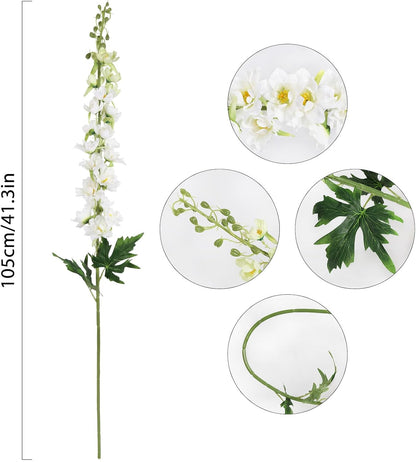 6 pcs White Delphinium Artificial Flowers Larkspur Artificial Flowers, 33.5 in Fake Flowers Bulk Silk Flowers with Stems Real Look for Home Garden Wedding Arrangement Decor(White)