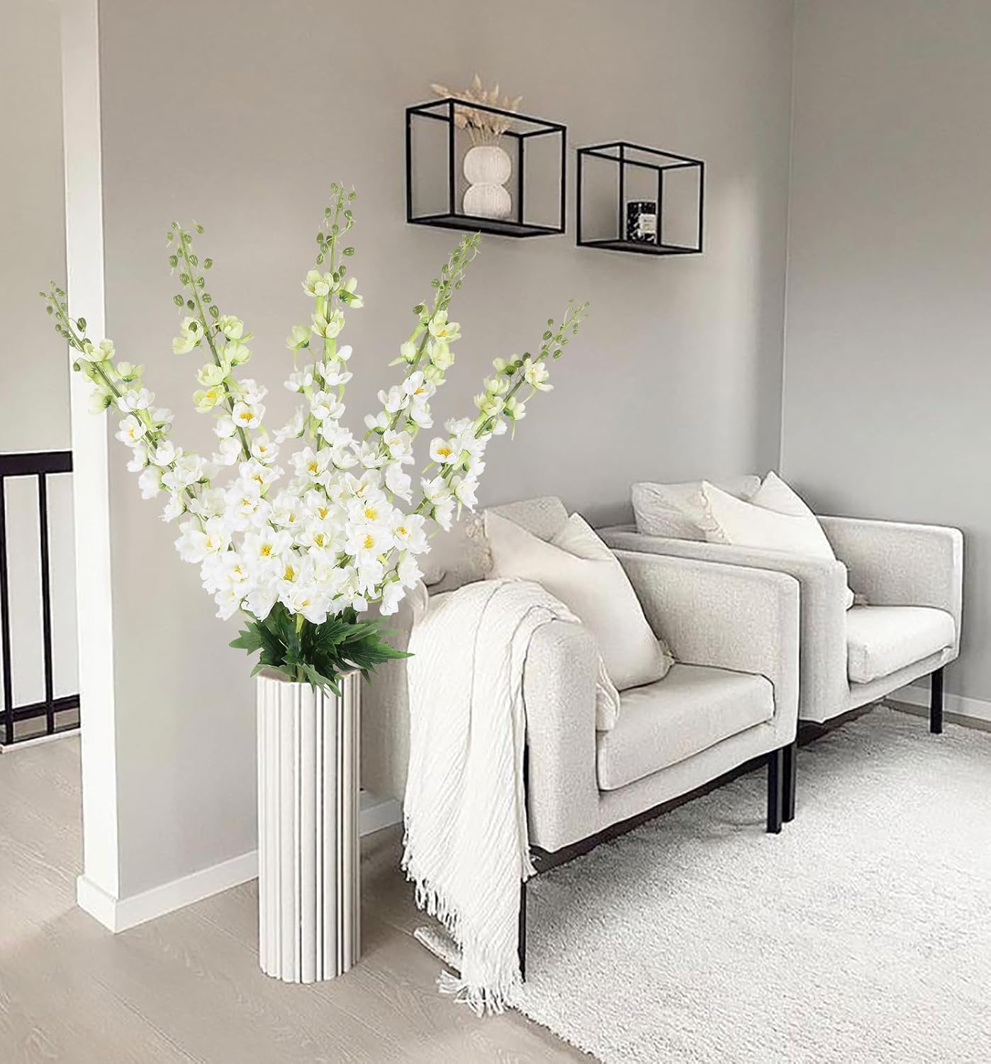 6 pcs White Delphinium Artificial Flowers Larkspur Artificial Flowers, 33.5 in Fake Flowers Bulk Silk Flowers with Stems Real Look for Home Garden Wedding Arrangement Decor(White)