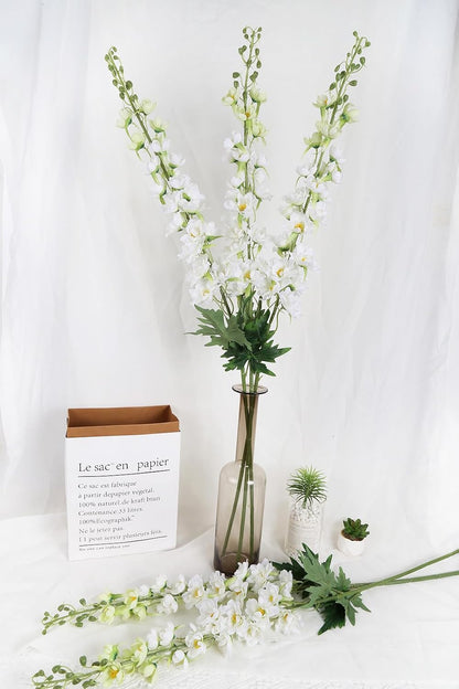 6 pcs White Delphinium Artificial Flowers Larkspur Artificial Flowers, 33.5 in Fake Flowers Bulk Silk Flowers with Stems Real Look for Home Garden Wedding Arrangement Decor(White)