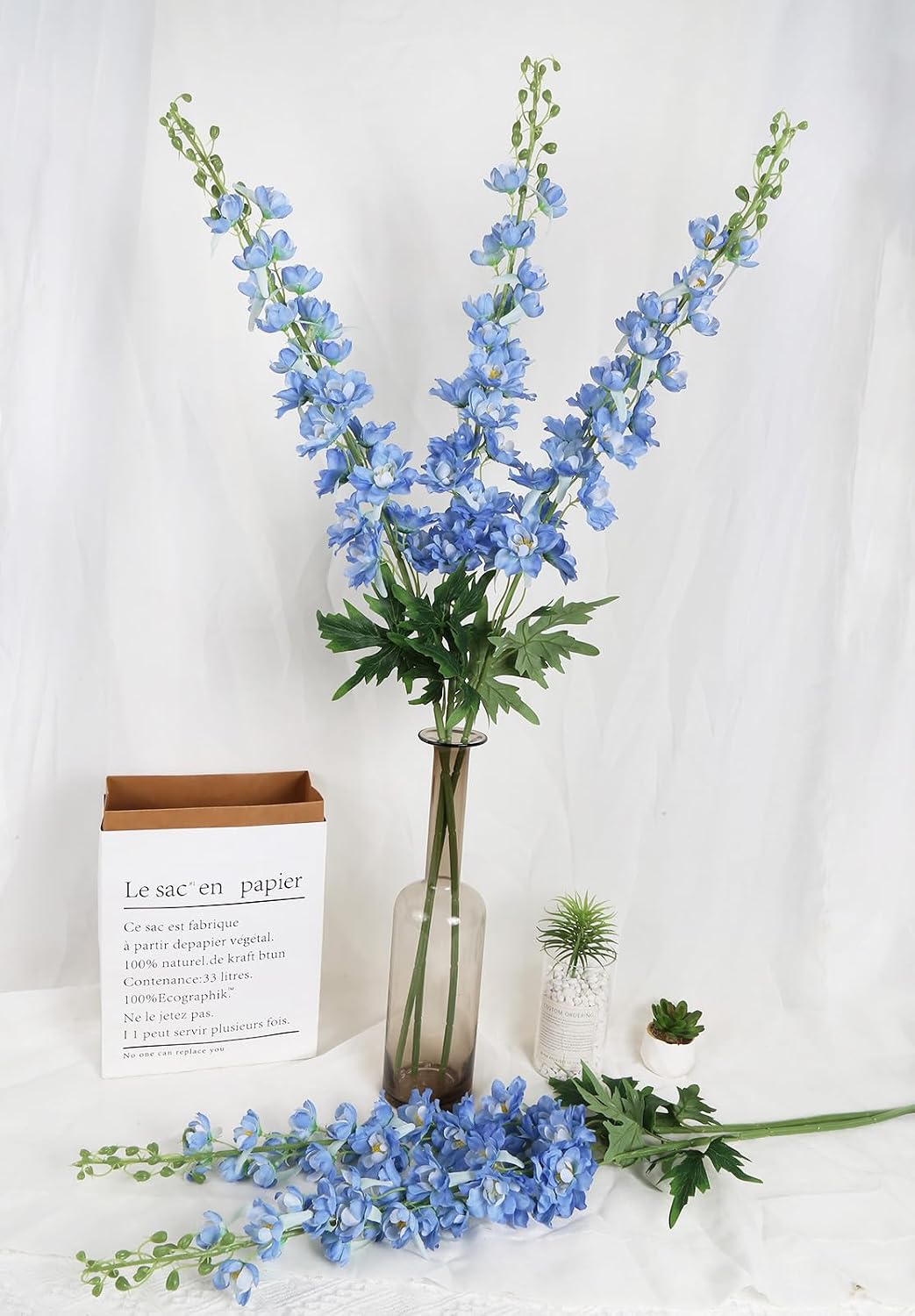 6 pcs White Delphinium Artificial Flowers Larkspur Artificial Flowers, 33.5 in Fake Flowers Bulk Silk Flowers with Stems Real Look for Home Garden Wedding Arrangement Decor(White)