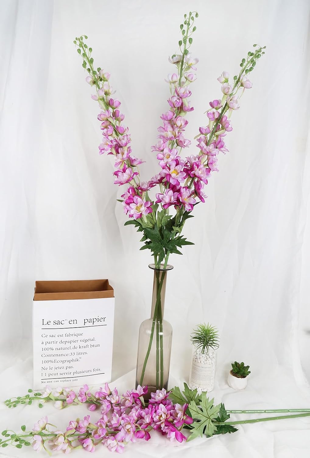 6 pcs White Delphinium Artificial Flowers Larkspur Artificial Flowers, 33.5 in Fake Flowers Bulk Silk Flowers with Stems Real Look for Home Garden Wedding Arrangement Decor(White)