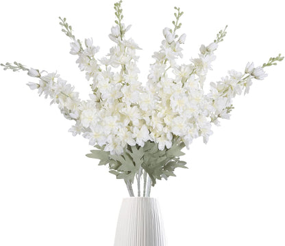 6 pcs White Delphinium Artificial Flowers Larkspur Artificial Flowers, 33.5 in Fake Flowers Bulk Silk Flowers with Stems Real Look for Home Garden Wedding Arrangement Decor(White)