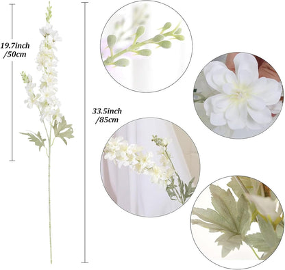 6 pcs White Delphinium Artificial Flowers Larkspur Artificial Flowers, 33.5 in Fake Flowers Bulk Silk Flowers with Stems Real Look for Home Garden Wedding Arrangement Decor(White)