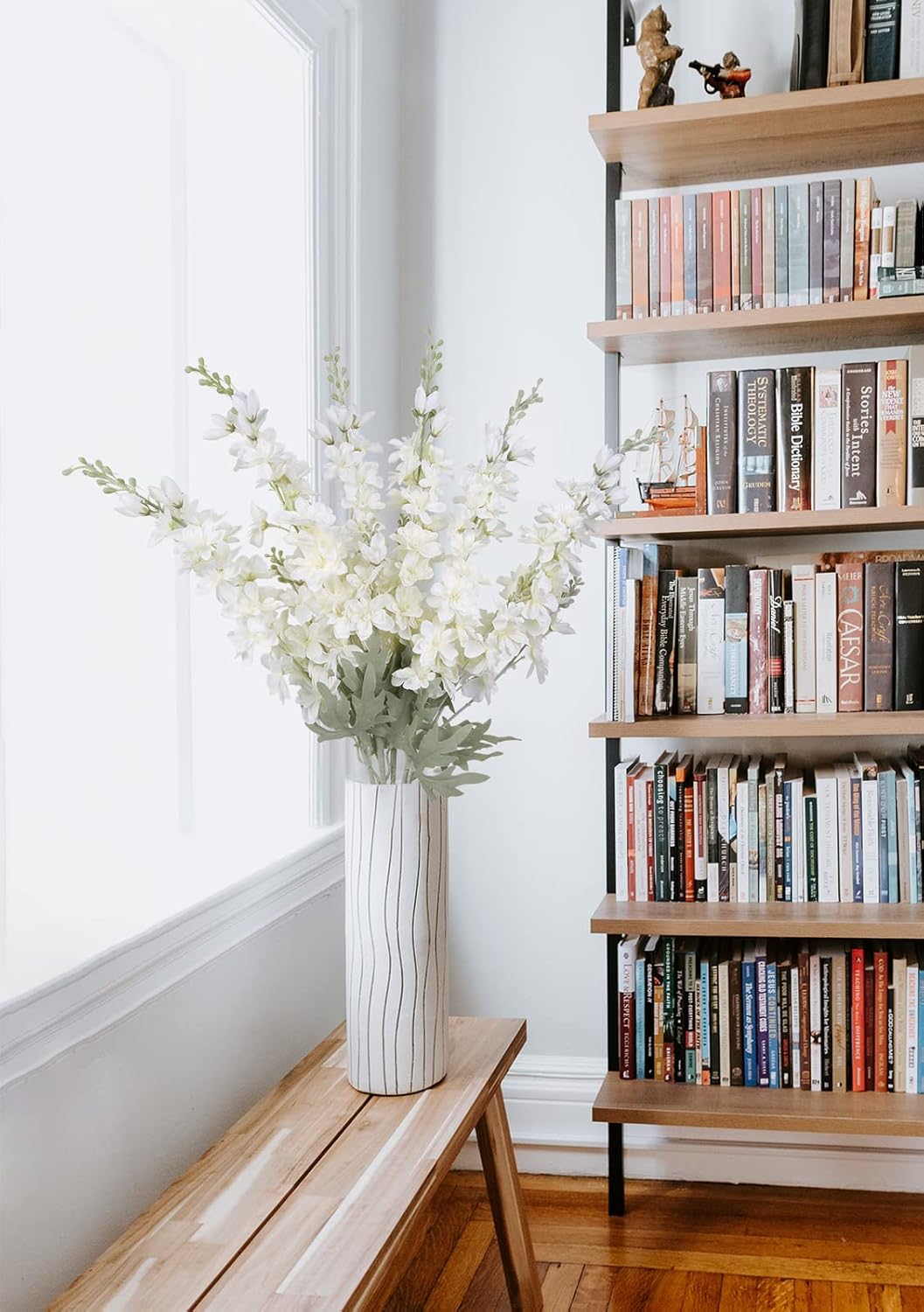 6 pcs White Delphinium Artificial Flowers Larkspur Artificial Flowers, 33.5 in Fake Flowers Bulk Silk Flowers with Stems Real Look for Home Garden Wedding Arrangement Decor(White)