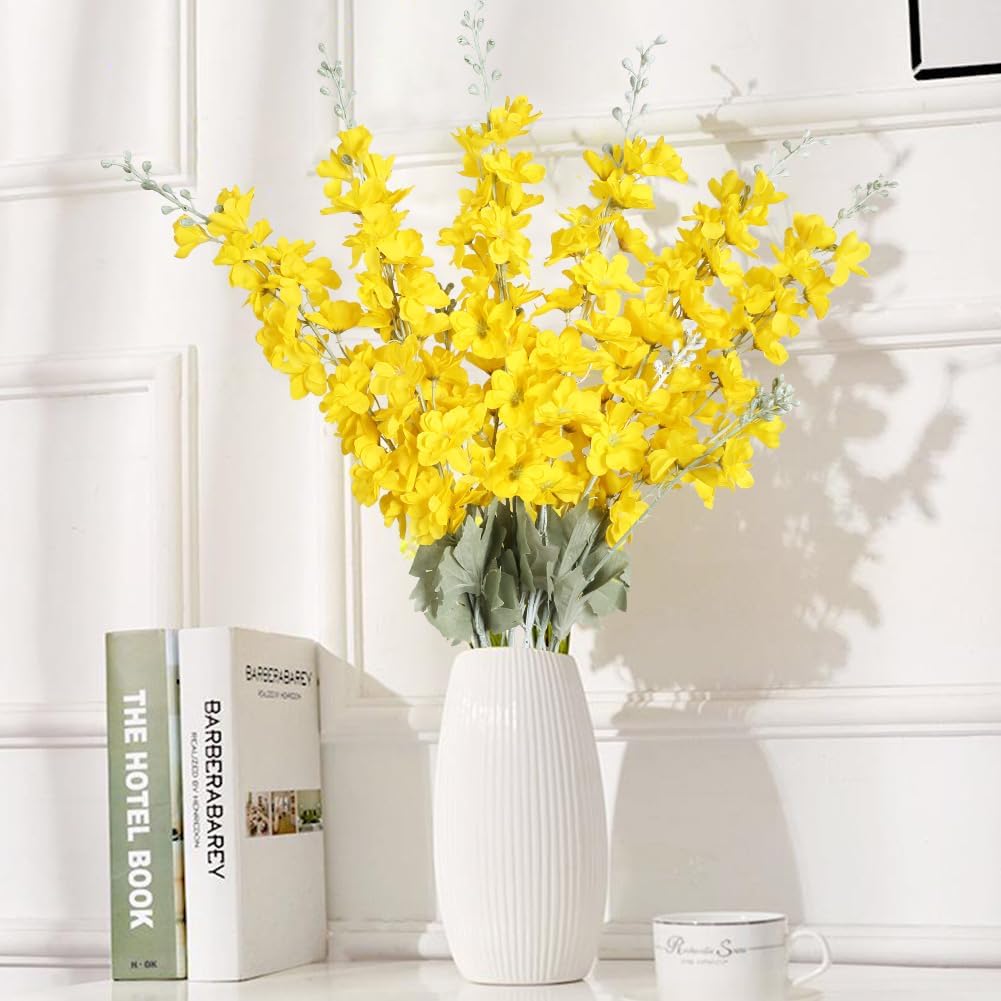 6 pcs White Delphinium Artificial Flowers Larkspur Artificial Flowers, 33.5 in Fake Flowers Bulk Silk Flowers with Stems Real Look for Home Garden Wedding Arrangement Decor(White)