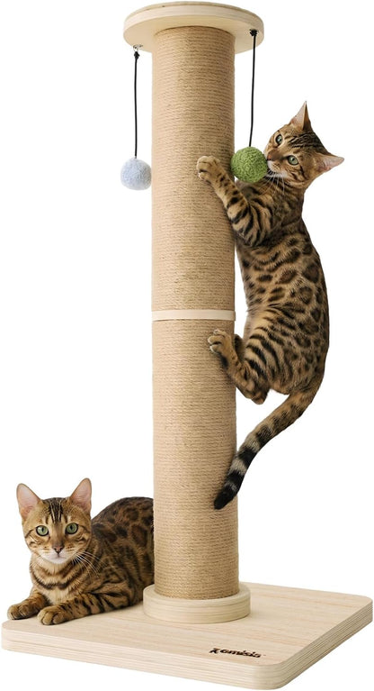 35'' Tall Cat Scratching Post, 4.7'' Large Scratch Post with Thicken Wooden Base for Indoor Cats Adults, Sisal Scratcher Top & Dangling Balls, Super Sturdy