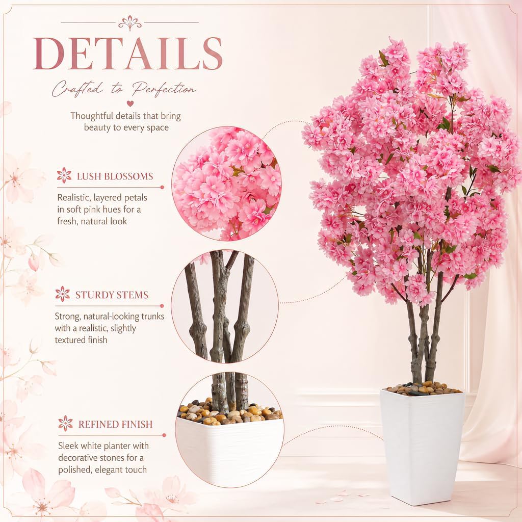 Artificial Cherry Blossom Tree 5FT Tall Pink Fake Sakura Flowers Tree, Fake Plants Indoor Decor for Spring Living Room Home House Entryway Bedroom Office Inside Wedding Party Valentine's Day