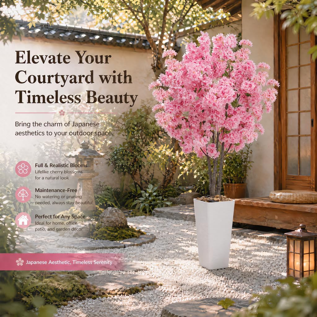 Artificial Cherry Blossom Tree 5FT Tall Pink Fake Sakura Flowers Tree, Fake Plants Indoor Decor for Spring Living Room Home House Entryway Bedroom Office Inside Wedding Party Valentine's Day