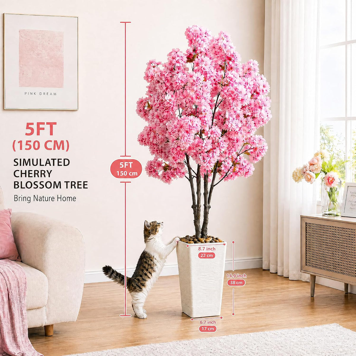 Artificial Cherry Blossom Tree 5FT Tall Pink Fake Sakura Flowers Tree, Fake Plants Indoor Decor for Spring Living Room Home House Entryway Bedroom Office Inside Wedding Party Valentine's Day