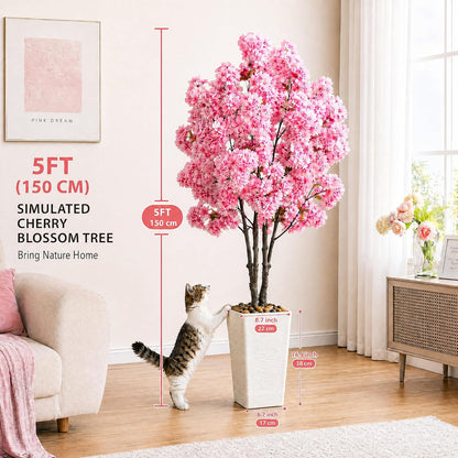 Artificial Cherry Blossom Tree 5FT Tall Pink Fake Sakura Flowers Tree, Fake Plants Indoor Decor for Spring Living Room Home House Entryway Bedroom Office Inside Wedding Party Valentine's Day