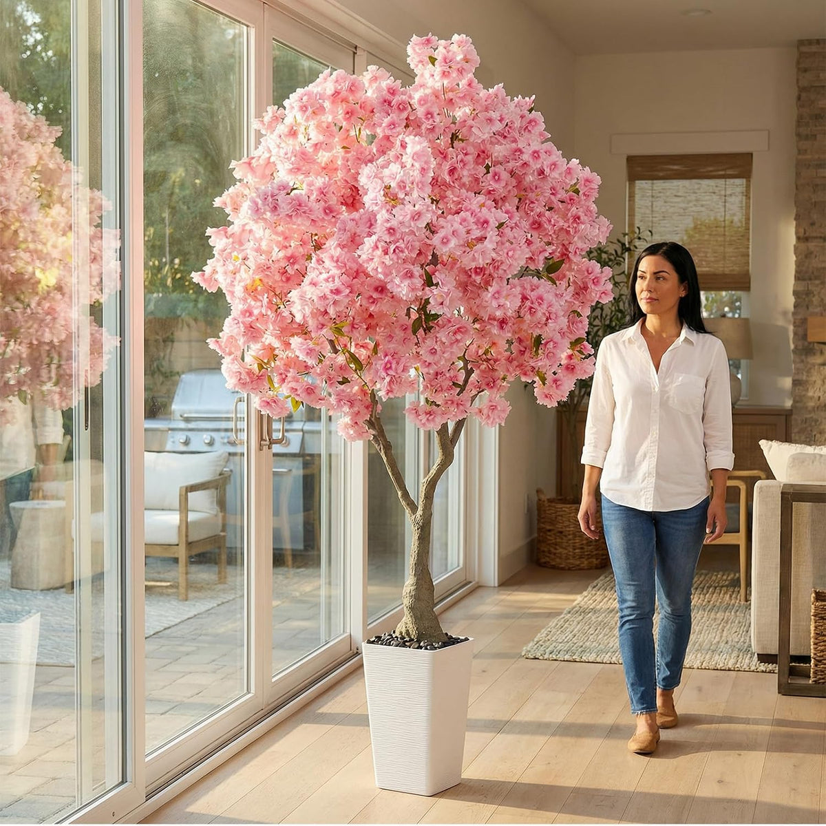 Artificial Cherry Blossom Tree 5FT Tall Pink Fake Sakura Flowers Tree, Fake Plants Indoor Decor for Spring Living Room Home House Entryway Bedroom Office Inside Wedding Party Valentine's Day
