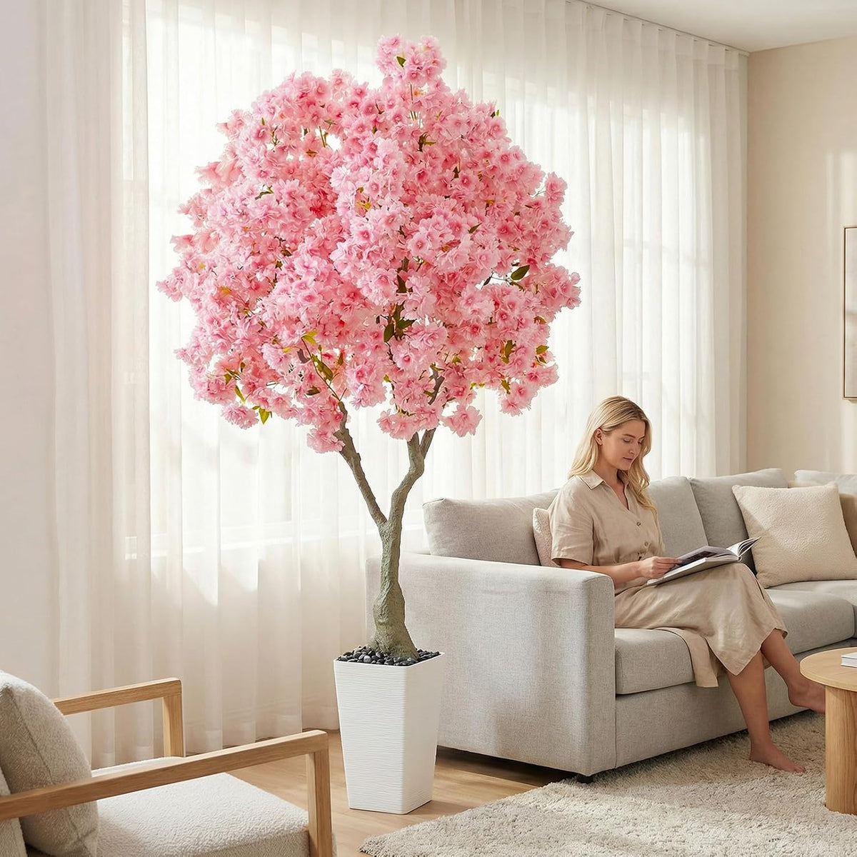 Artificial Cherry Blossom Tree 5FT Tall Pink Fake Sakura Flowers Tree, Fake Plants Indoor Decor for Spring Living Room Home House Entryway Bedroom Office Inside Wedding Party Valentine's Day