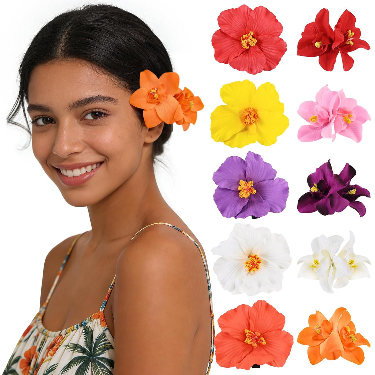 10 pc Hawaiian Flower Hair Clips for Women Hair Accessories-Hibiscus&Orchid