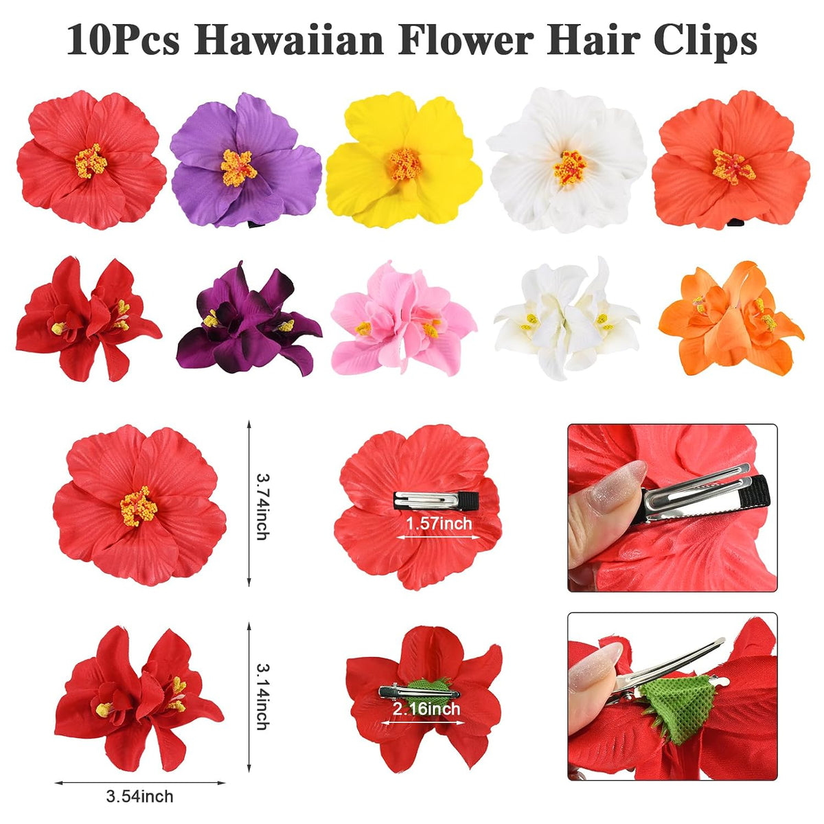 10 pc Hawaiian Flower Hair Clips for Women Hair Accessories-Hibiscus&Orchid