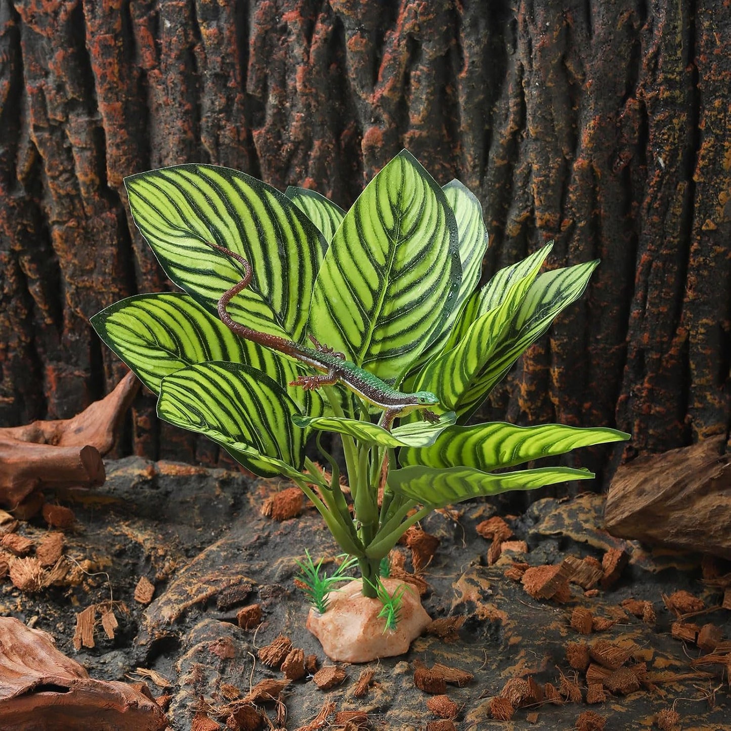 Reptile Terrarium Plants - Tortoise Habitat Accessories, Artificial Spider Plant for Gecko, Ball Python - Calathea Makoyana A