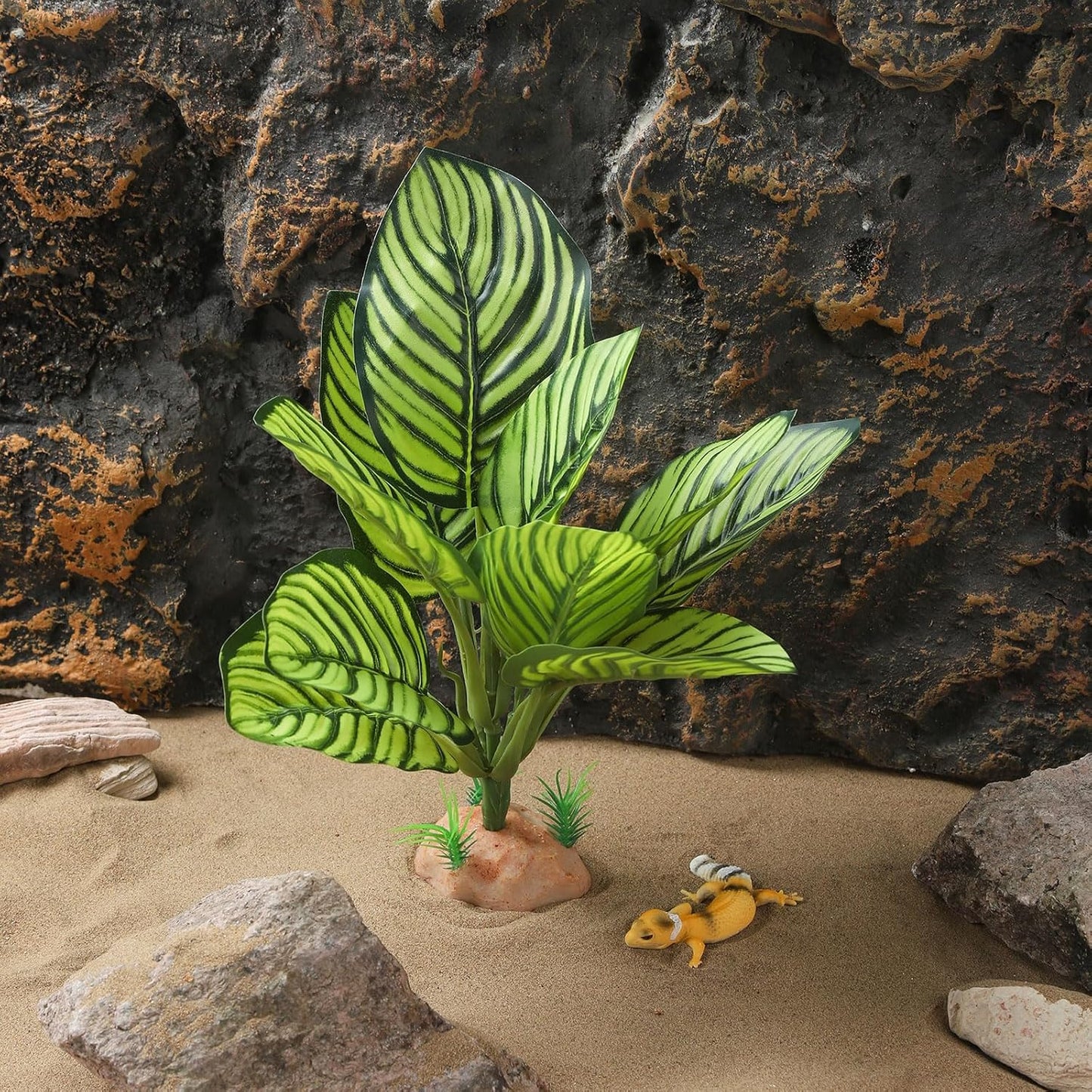 Reptile Terrarium Plants - Tortoise Habitat Accessories, Artificial Spider Plant for Gecko, Ball Python - Calathea Makoyana A