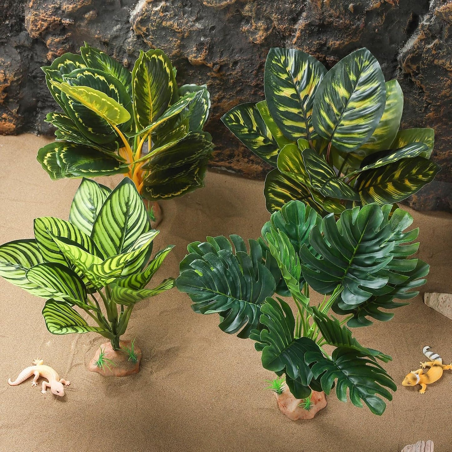 Reptile Terrarium Plants - Tortoise Habitat Accessories, Artificial Spider Plant for Gecko, Ball Python - Calathea Makoyana A
