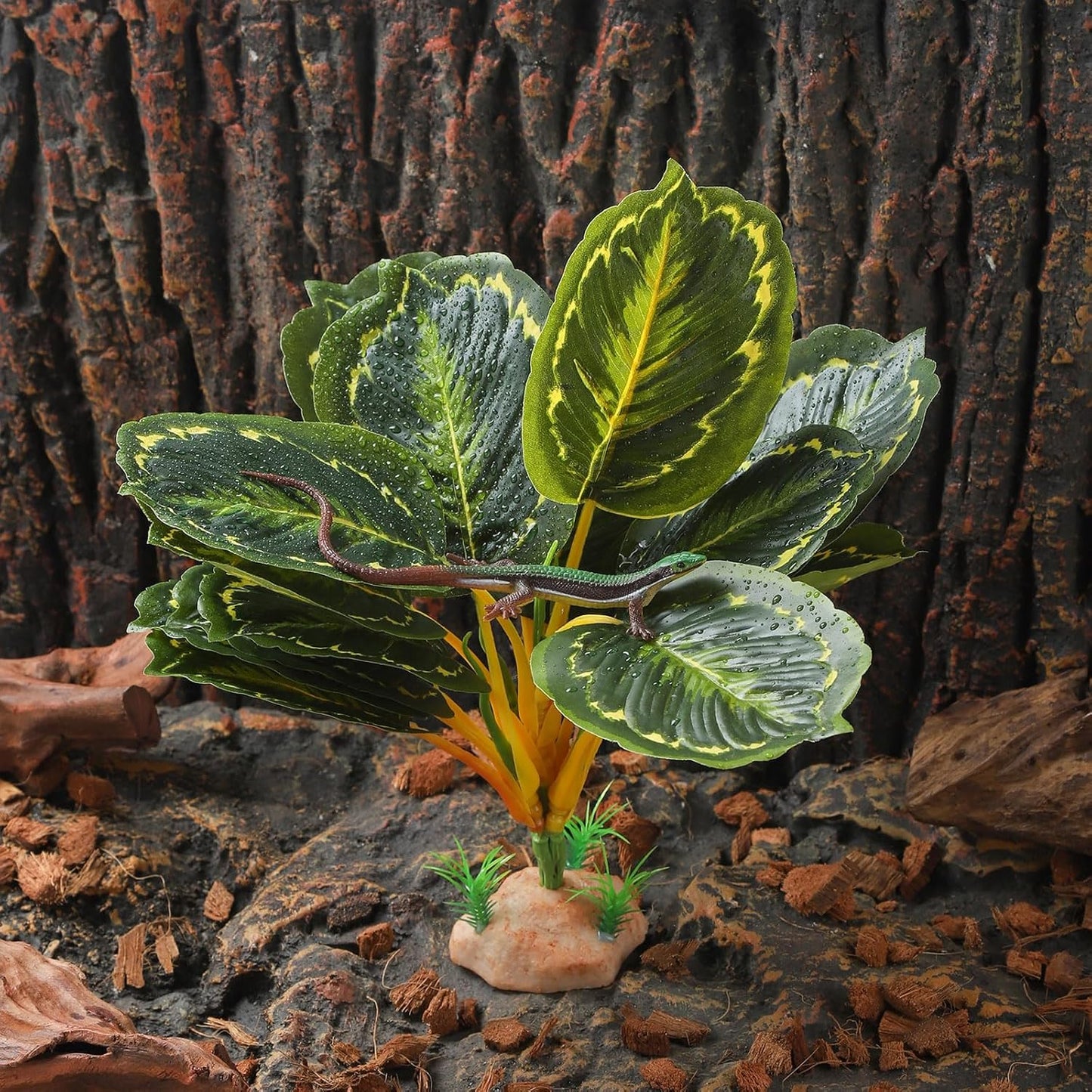 Reptile Terrarium Plants - Tortoise Habitat Accessories, Artificial Spider Plant for Gecko, Ball Python - Calathea Makoyana A