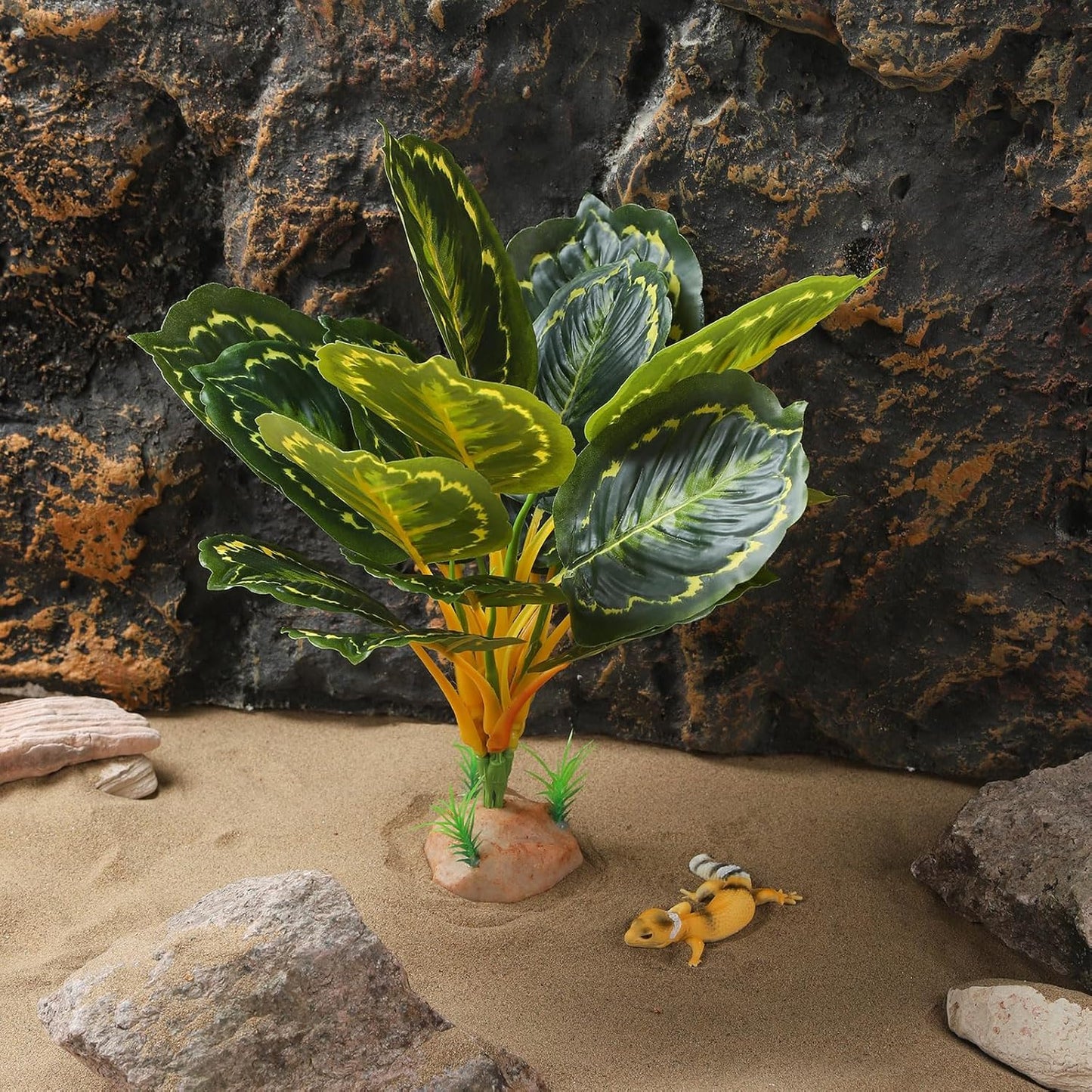 Reptile Terrarium Plants - Tortoise Habitat Accessories, Artificial Spider Plant for Gecko, Ball Python - Calathea Makoyana A