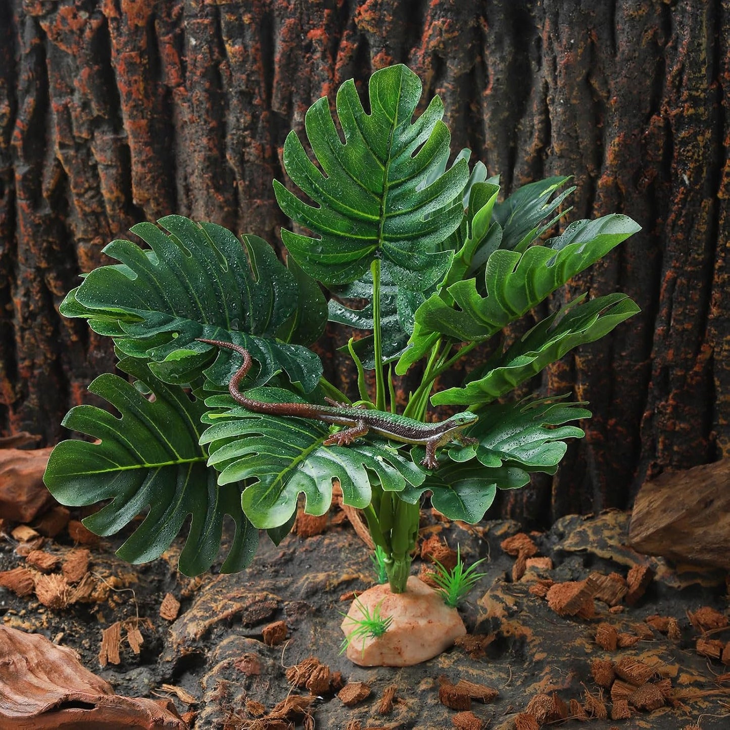 Reptile Terrarium Plants - Tortoise Habitat Accessories, Artificial Spider Plant for Gecko, Ball Python - Calathea Makoyana A