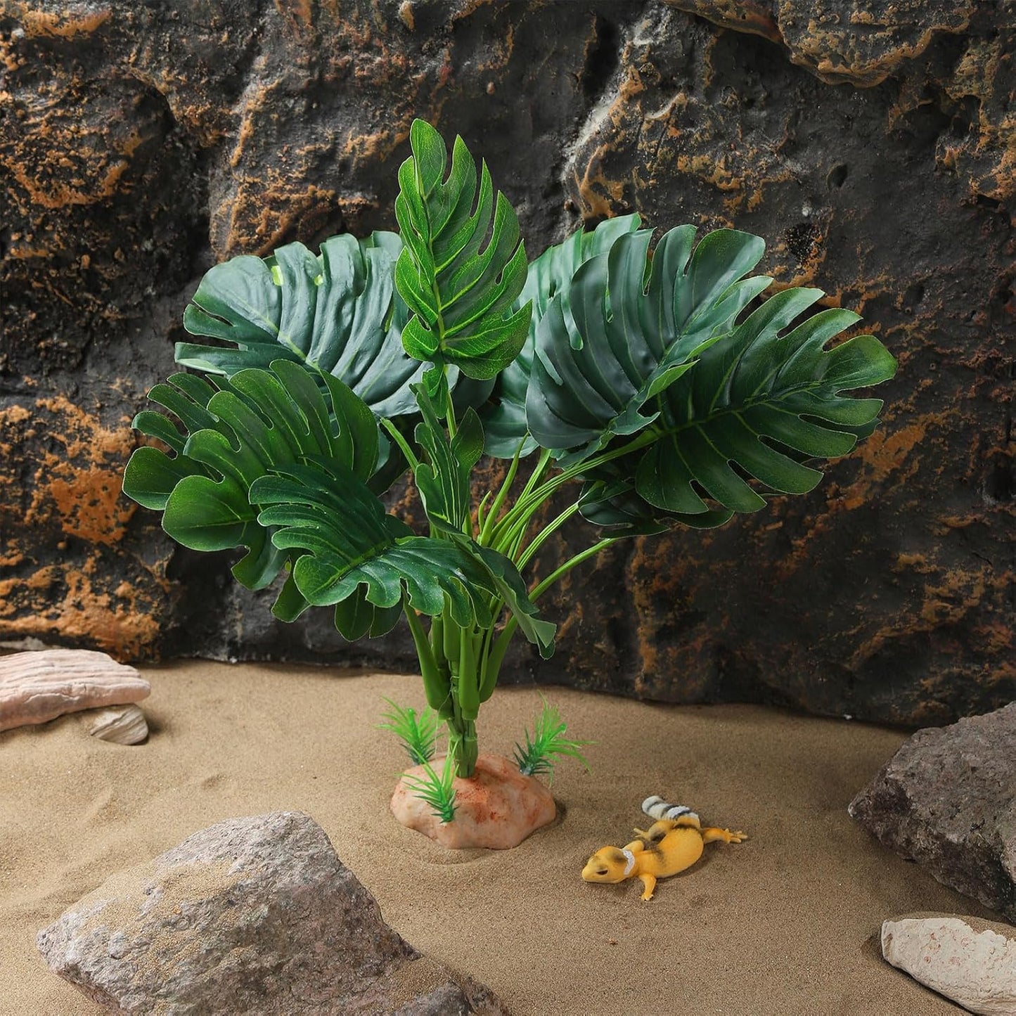 Reptile Terrarium Plants - Tortoise Habitat Accessories, Artificial Spider Plant for Gecko, Ball Python - Calathea Makoyana A