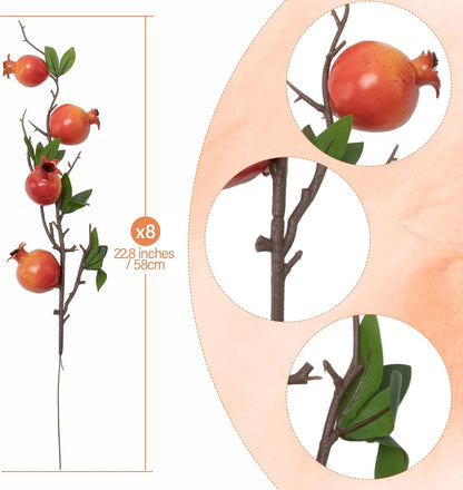 4pcs Red Berry Stems Pomegranate Faux Flowers with Fake Fall Leaves Artificial Fruits Decor Tall Branches for Vase Room Christmas Home Wedding Thanksgiving Centerpieces Arrangements Party Decoration
