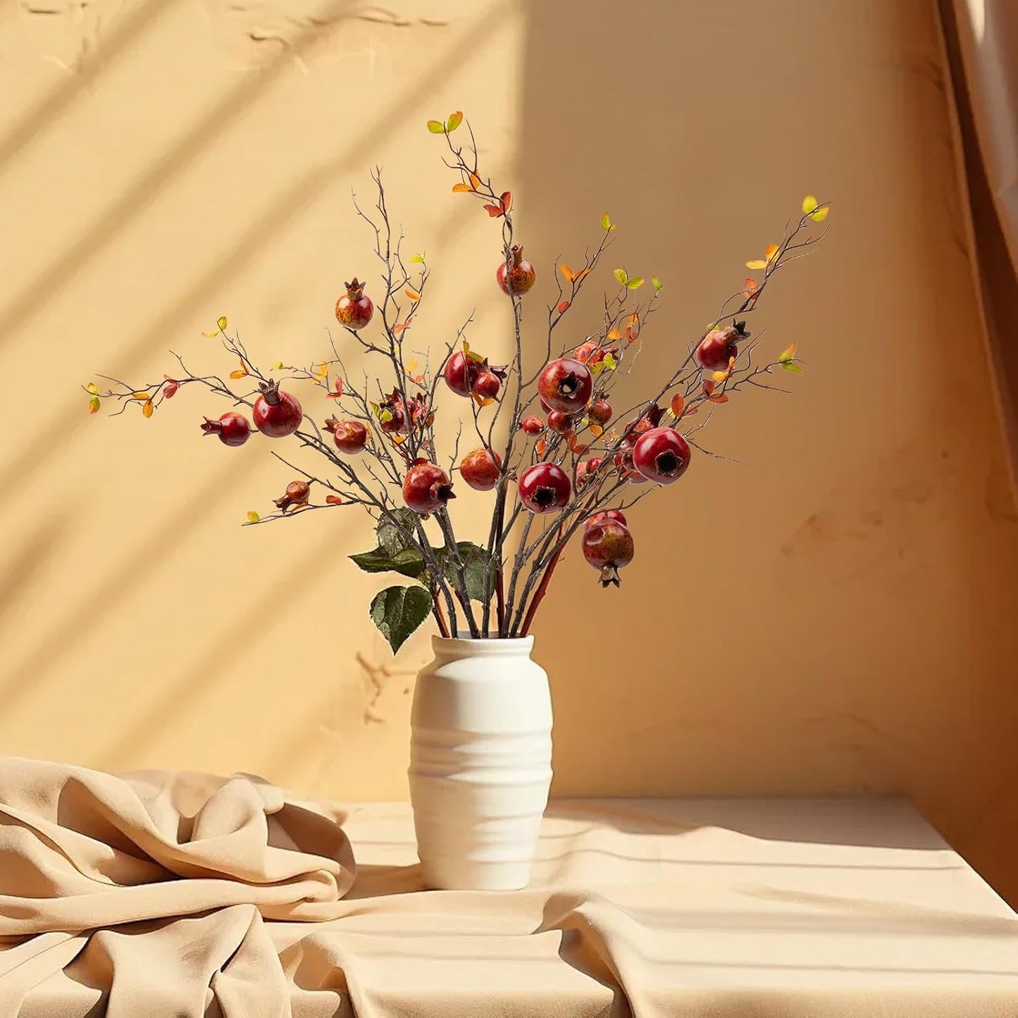 4pcs Red Berry Stems Pomegranate Faux Flowers with Fake Fall Leaves Artificial Fruits Decor Tall Branches for Vase Room Christmas Home Wedding Thanksgiving Centerpieces Arrangements Party Decoration