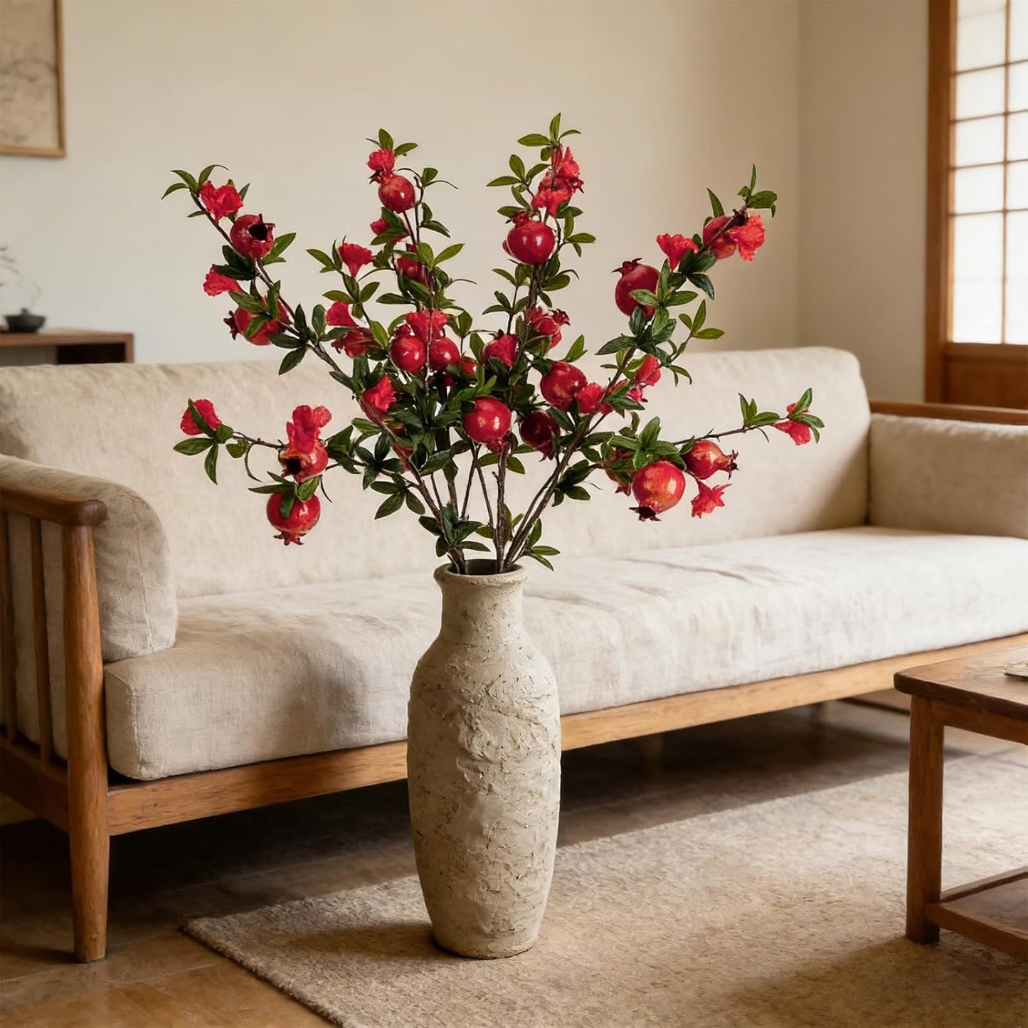 4pcs Red Berry Stems Pomegranate Faux Flowers with Fake Fall Leaves Artificial Fruits Decor Tall Branches for Vase Room Christmas Home Wedding Thanksgiving Centerpieces Arrangements Party Decoration