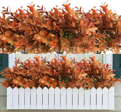 6 Bundles Artificial Greenery Stems, 14.5" Fake Lucky Bamboo Leaves Faux Outdoor Plants UV Resistant Plastic Shrubs for Outside Home Room Garden Patio Front Porch Farmhouse Pathway Indoor Decorations