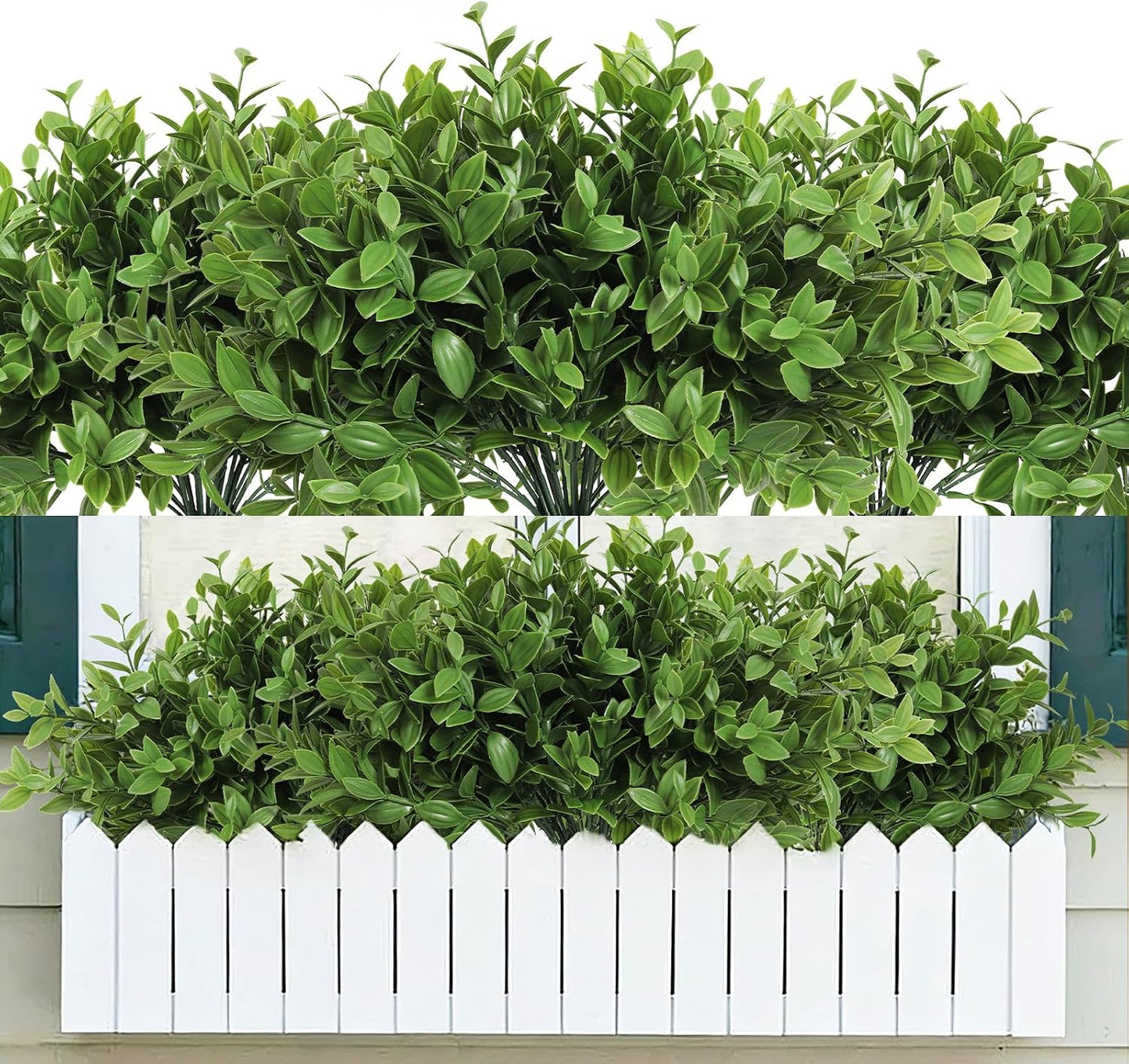 6 Bundles Artificial Greenery Stems, 14.5" Fake Lucky Bamboo Leaves Faux Outdoor Plants UV Resistant Plastic Shrubs for Outside Home Room Garden Patio Front Porch Farmhouse Pathway Indoor Decorations