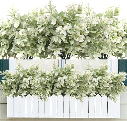 6 Bundles Artificial Greenery Stems, 14.5" Fake Lucky Bamboo Leaves Faux Outdoor Plants UV Resistant Plastic Shrubs for Outside Home Room Garden Patio Front Porch Farmhouse Pathway Indoor Decorations