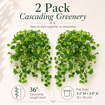 36" Faux Hanging Ivy Plant in Minimalist White Pot, Fake Pothos Artificial Hanging Plant with 168 Lush Leaves & Pebble Topping, Fake Greenery for Shelf Bathroom Office Decor, 1 Pack