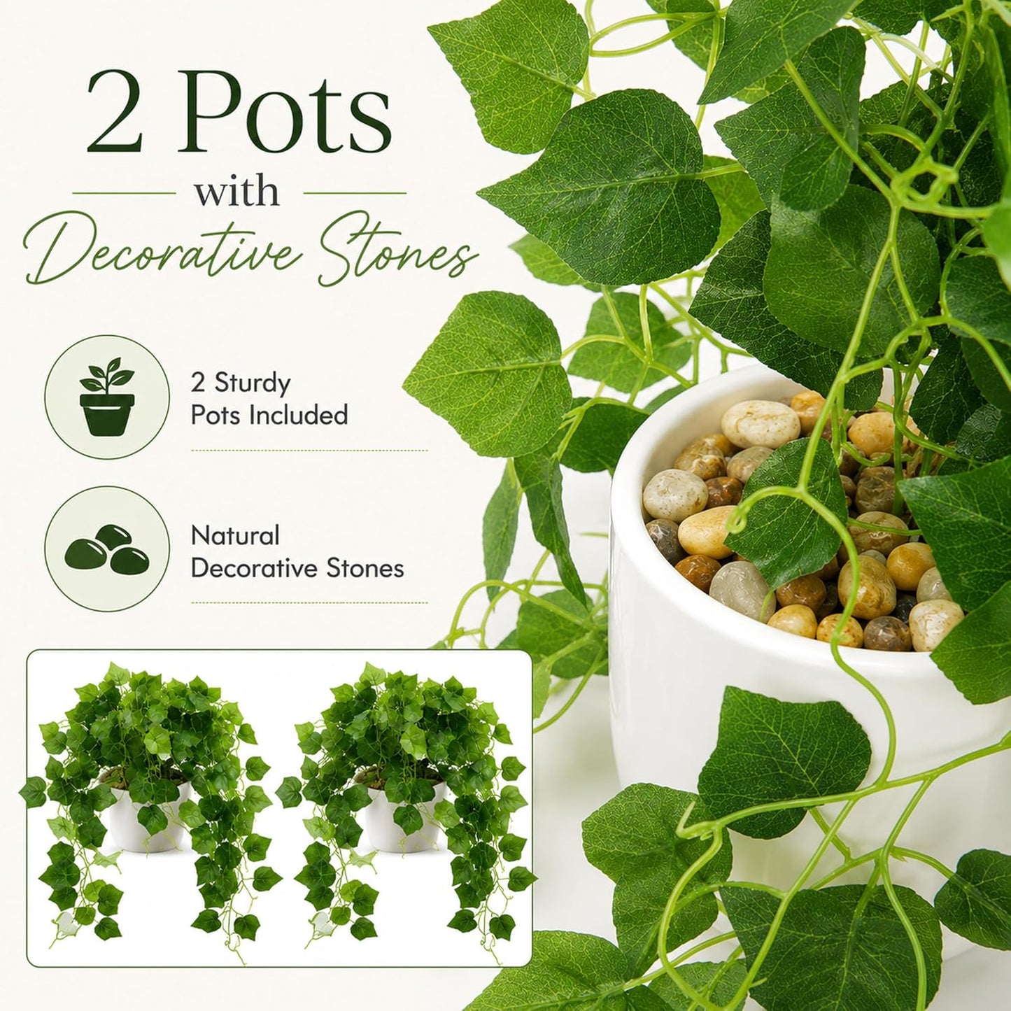 36" Faux Hanging Ivy Plant in Minimalist White Pot, Fake Pothos Artificial Hanging Plant with 168 Lush Leaves & Pebble Topping, Fake Greenery for Shelf Bathroom Office Decor, 1 Pack