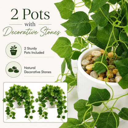 36" Faux Hanging Ivy Plant in Minimalist White Pot, Fake Pothos Artificial Hanging Plant with 168 Lush Leaves & Pebble Topping, Fake Greenery for Shelf Bathroom Office Decor, 1 Pack