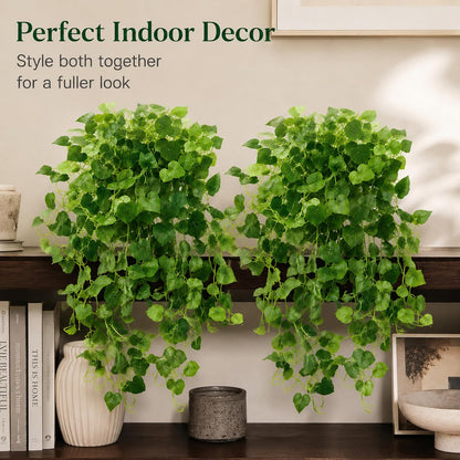 36" Faux Hanging Ivy Plant in Minimalist White Pot, Fake Pothos Artificial Hanging Plant with 168 Lush Leaves & Pebble Topping, Fake Greenery for Shelf Bathroom Office Decor, 1 Pack