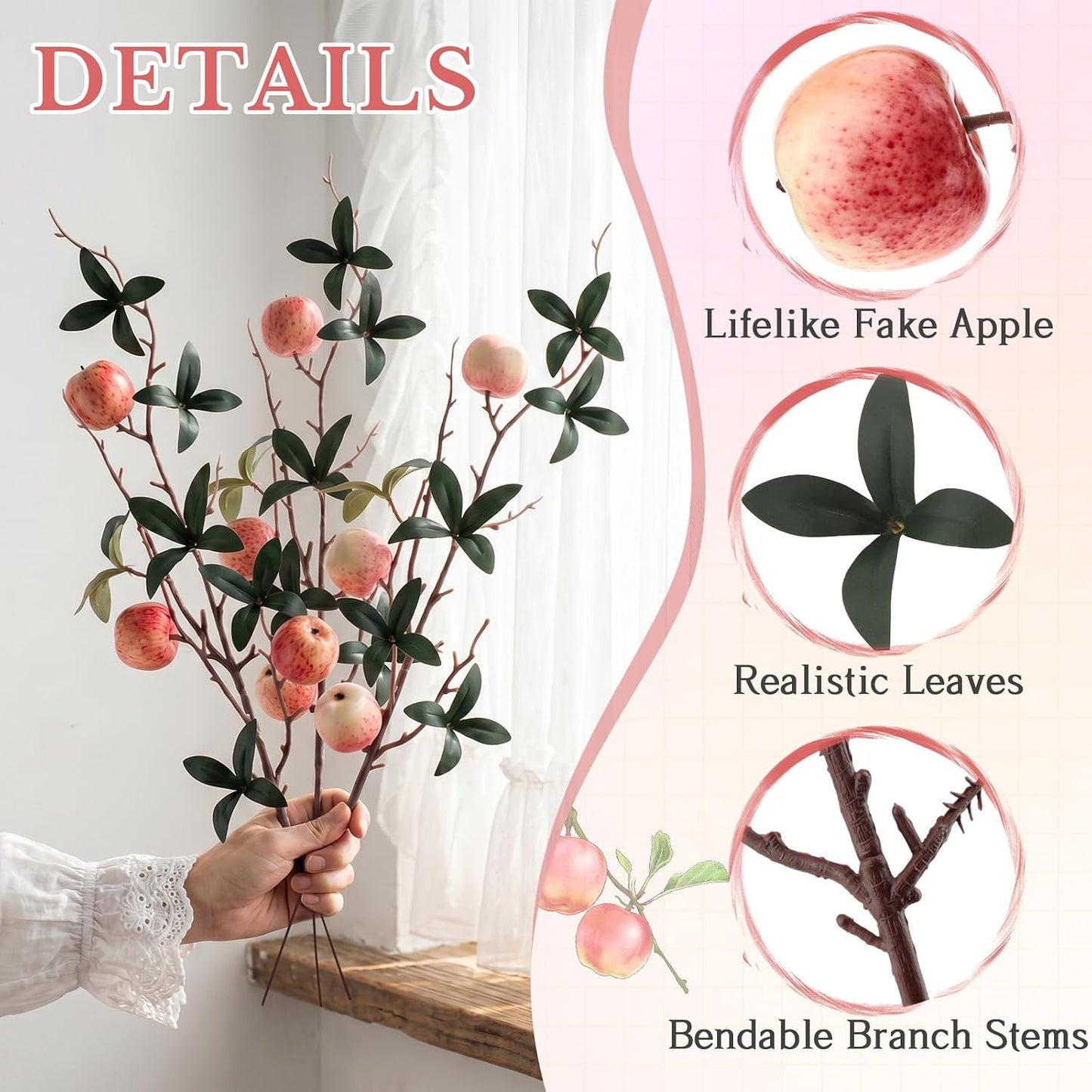 5 Pcs Fake Peach Branch Decoration Mini Artificial Peaches Fruit Stem Bouquet Realistic Lifelike Simulation Branches Model for Vase Window Display