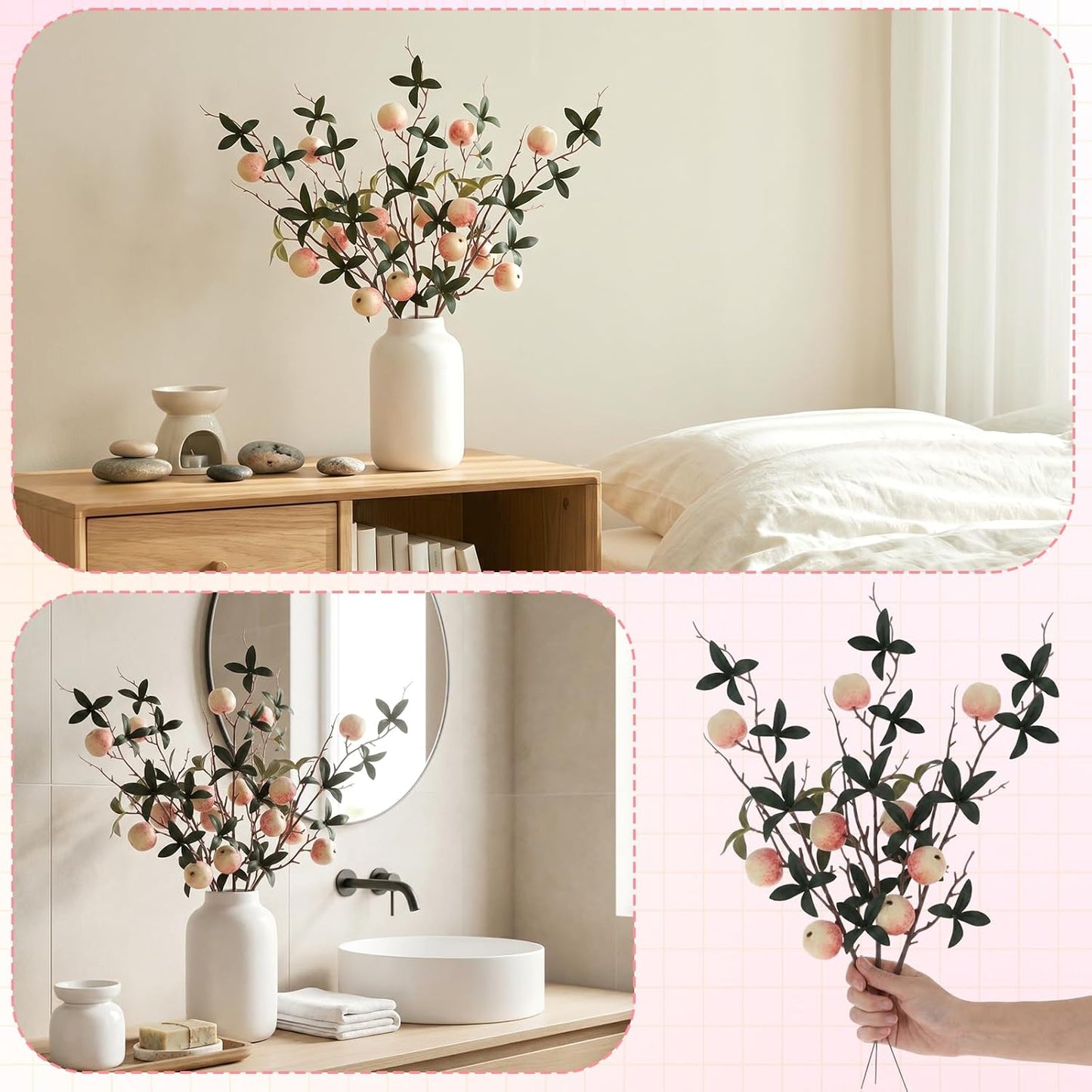 5 Pcs Fake Peach Branch Decoration Mini Artificial Peaches Fruit Stem Bouquet Realistic Lifelike Simulation Branches Model for Vase Window Display