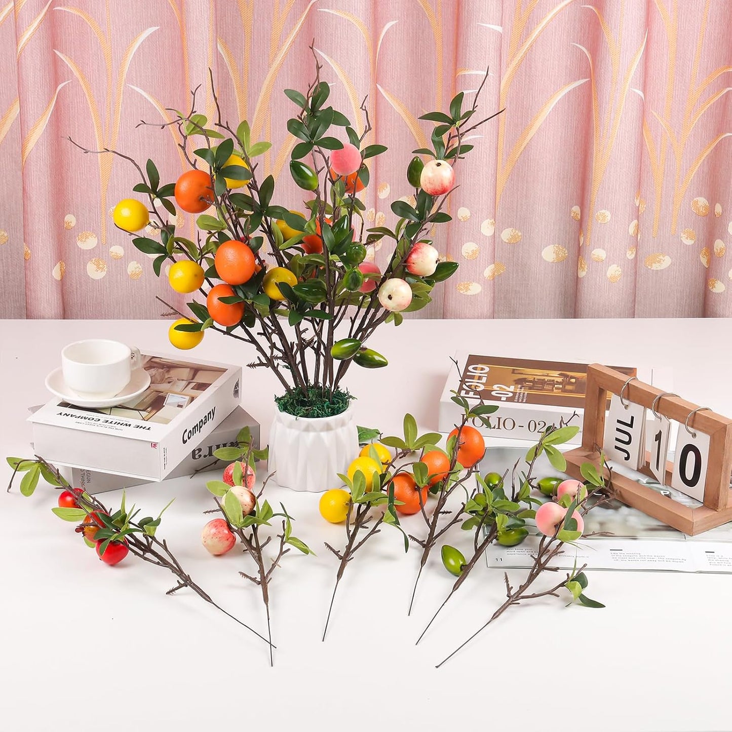 5 Pcs Fake Peach Branch Decoration Mini Artificial Peaches Fruit Stem Bouquet Realistic Lifelike Simulation Branches Model for Vase Window Display