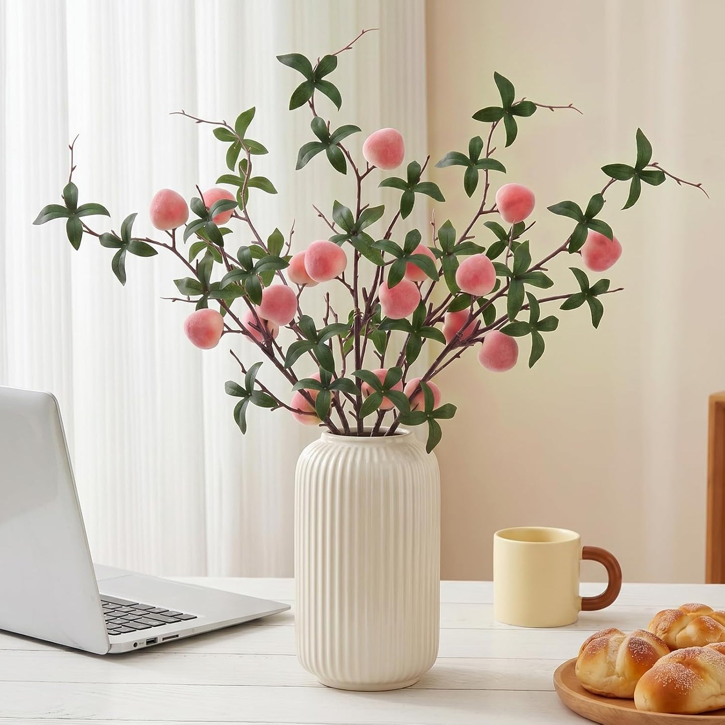 5 Pcs Fake Peach Branch Decoration Mini Artificial Peaches Fruit Stem Bouquet Realistic Lifelike Simulation Branches Model for Vase Window Display