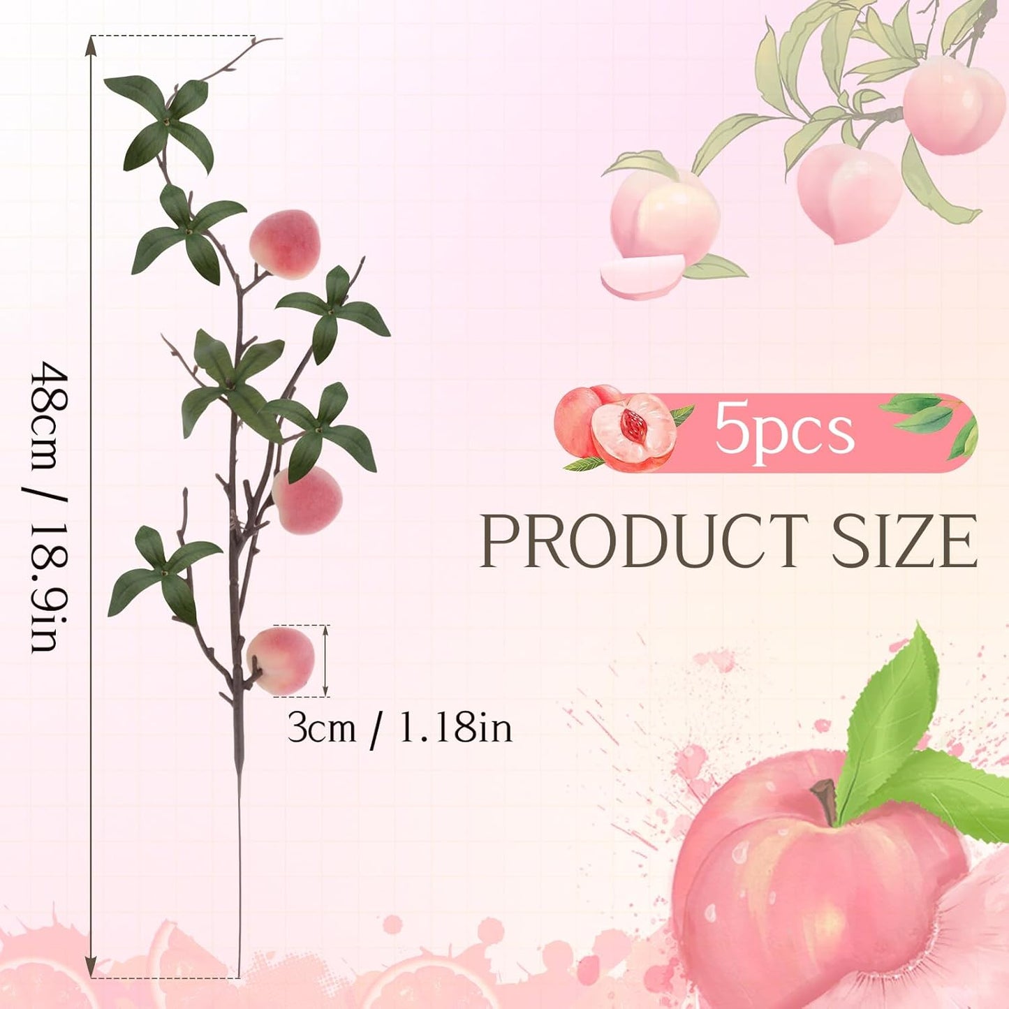 5 Pcs Fake Peach Branch Decoration Mini Artificial Peaches Fruit Stem Bouquet Realistic Lifelike Simulation Branches Model for Vase Window Display